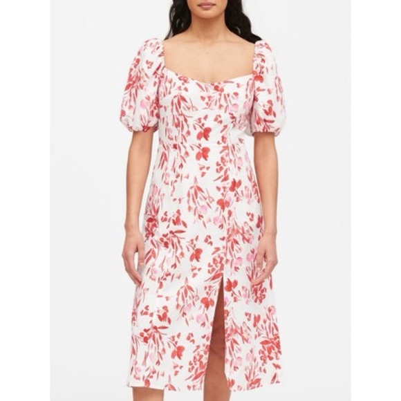 Banana Republic Linen-Cotton Puff-Sleeve Midi Dress in White & Red Floral - Picture 1 of 7